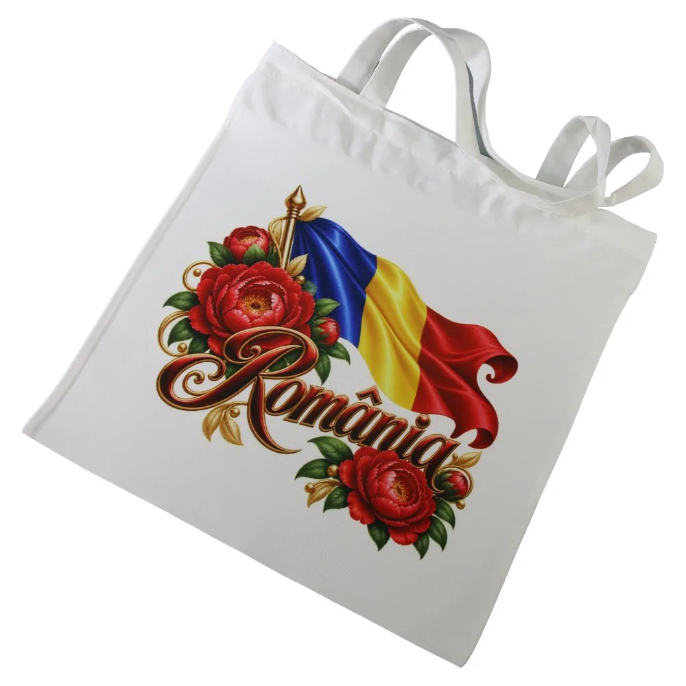 Sacosa textila Romania 36x39 cm, Steag tricolor si bujori