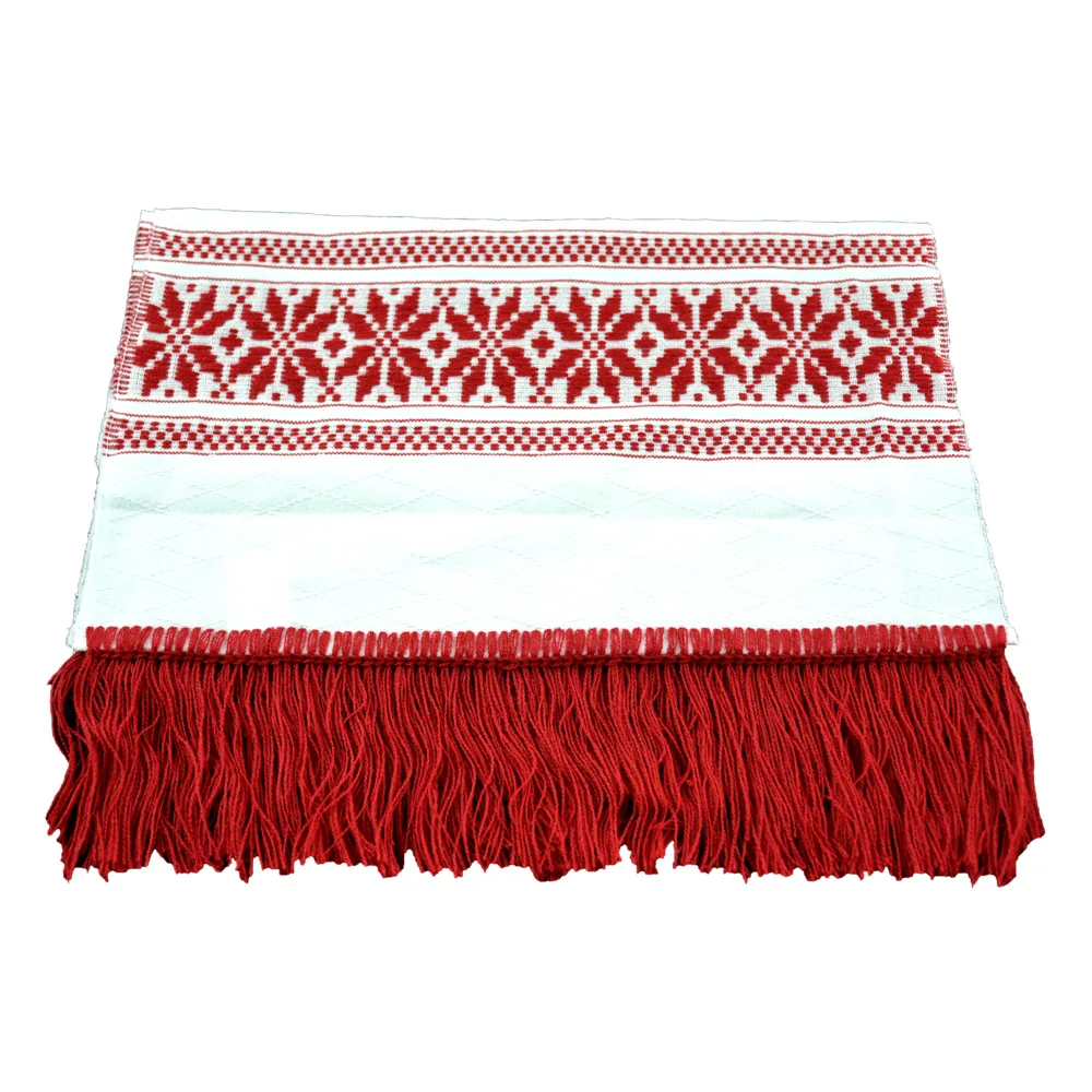 Stergar artizanal traditional 80x40 cm, Alb/Rosu, cu franjuri rosii